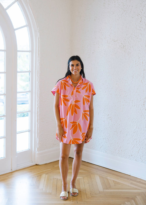 Karlie Palm Leaf Floral Shirt Dress