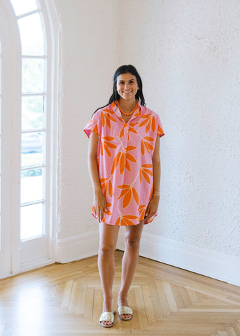 Karlie Pink & Orange Palm Leaf Floral Maxi Shirt Dress