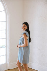 Entro Gingham Ruffle Sleeve Navy Dress