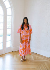 Karlie Pink & Orange Palm Leaf Floral Maxi Shirt Dress
