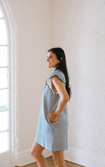 Entro Gingham Ruffle Sleeve Navy Dress