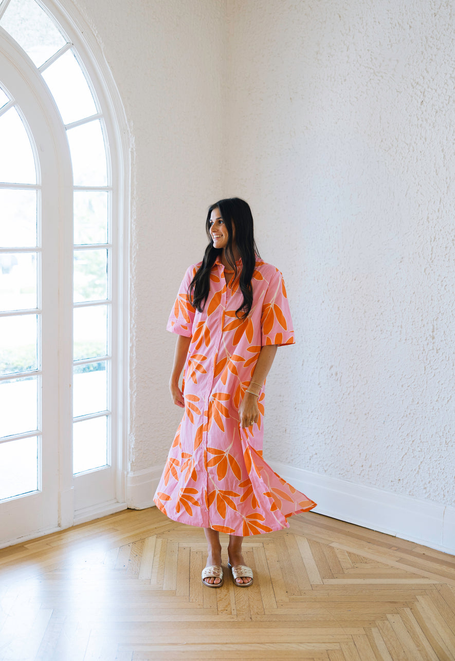 orange and pink floral dress Karlie Pink & Orange Palm Leaf Floral Maxi Shirt Dress – 8.28 Boutique