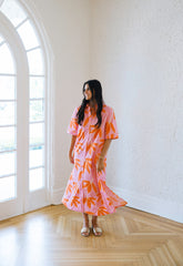 Karlie Pink & Orange Palm Leaf Floral Maxi Shirt Dress
