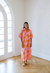 Karlie Pink & Orange Palm Leaf Floral Maxi Shirt Dress
