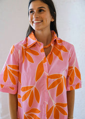 Karlie Pink & Orange Palm Leaf Floral Maxi Shirt Dress