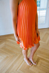 Ciebon Pleated Orange Satin Halter Dress