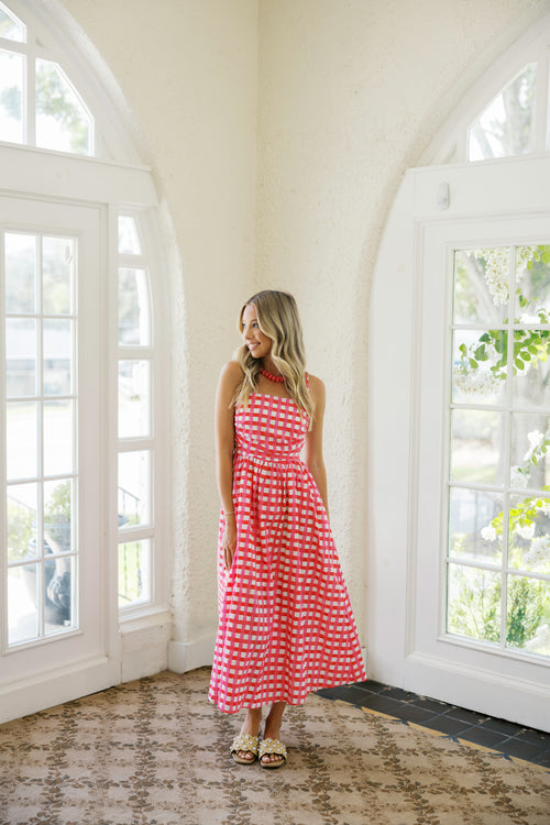Entro Bright Gingham Sleeveless Midi Dress