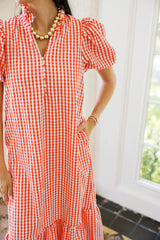 Entro Puff Sleeve Gingham Maxi Dress in Red