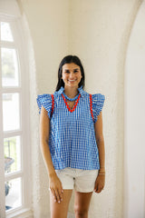 Entro Blue Gingham Flutter Sleeve Top