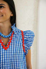 Entro Blue Gingham Flutter Sleeve Top