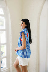 Entro Blue Gingham Flutter Sleeve Top