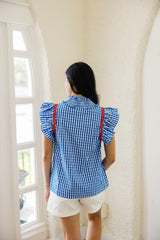 Entro Blue Gingham Flutter Sleeve Top
