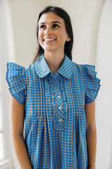 Entro Blue and Orange Plaid Button Front Mini Dress