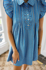 Entro Blue and Orange Plaid Button Front Mini Dress