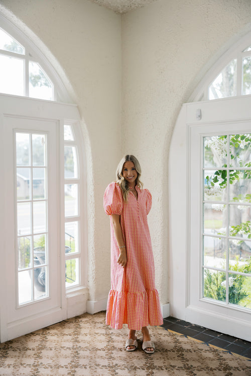 Entro Puff Sleeve Gingham Maxi Dress in Pink Lemonade