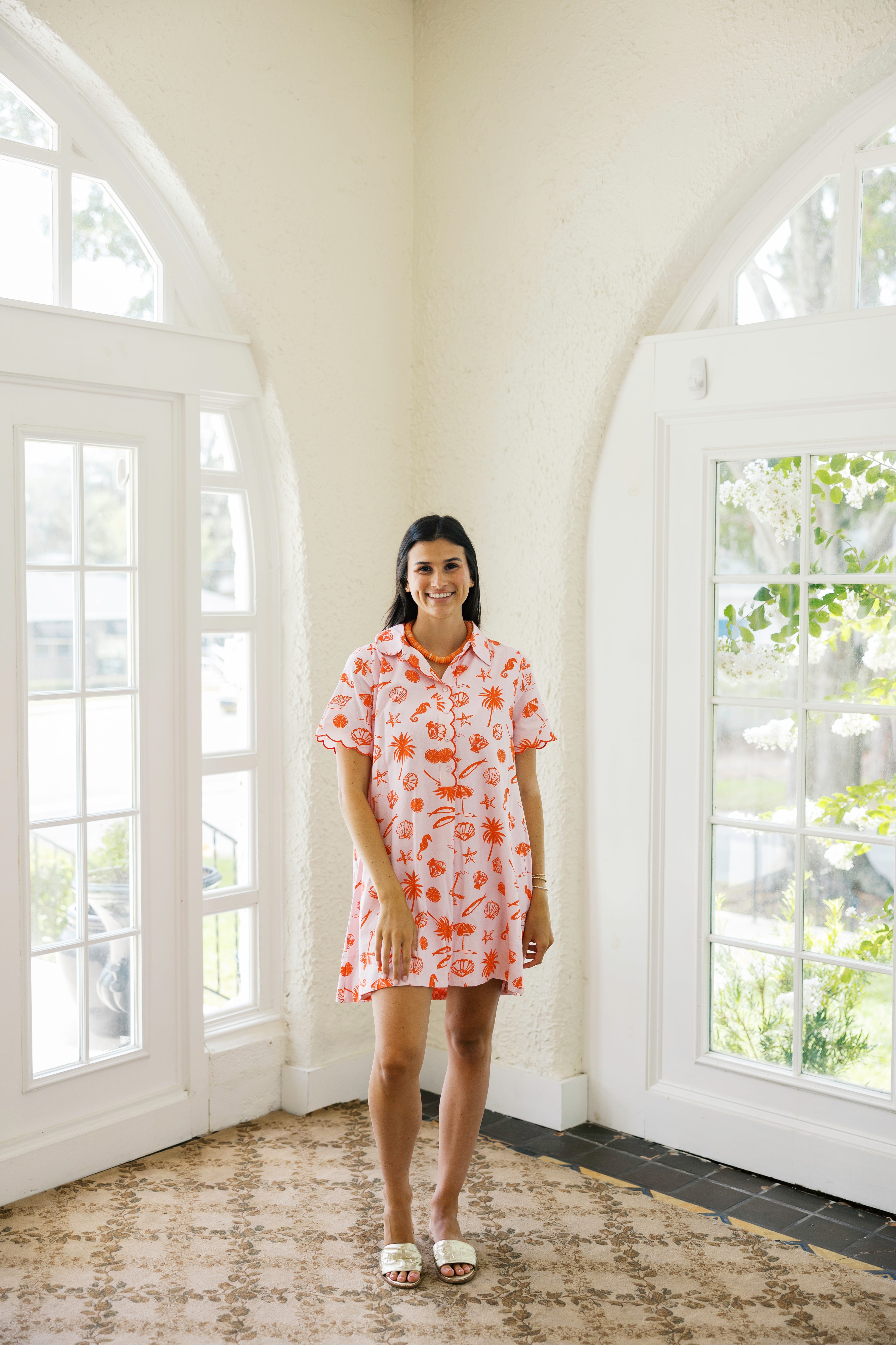 Karlie Linen Beach Shirt Dress, L / Pink and Orange