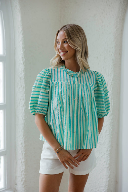 Karlie Green Striped Puff Sleeve Top