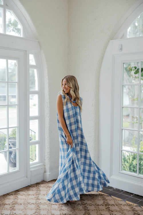Karlie Blue Gingham Scoop Neck Maxi Dress