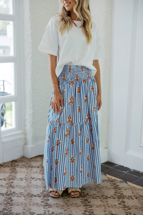 Karlie Blue Stripe Floral Smock Tier Maxi Skirt