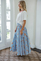 Karlie Blue Stripe Floral Smock Tier Maxi Skirt
