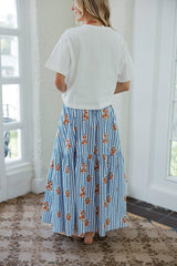 Karlie Blue Stripe Floral Smock Tier Maxi Skirt