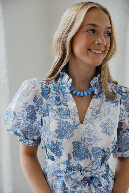 Jade Melody Tam Collar Chemise Dress in Indigo Flower
