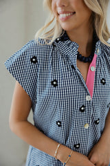 THML Navy Gingham & Embroidered Flower Mini Dress