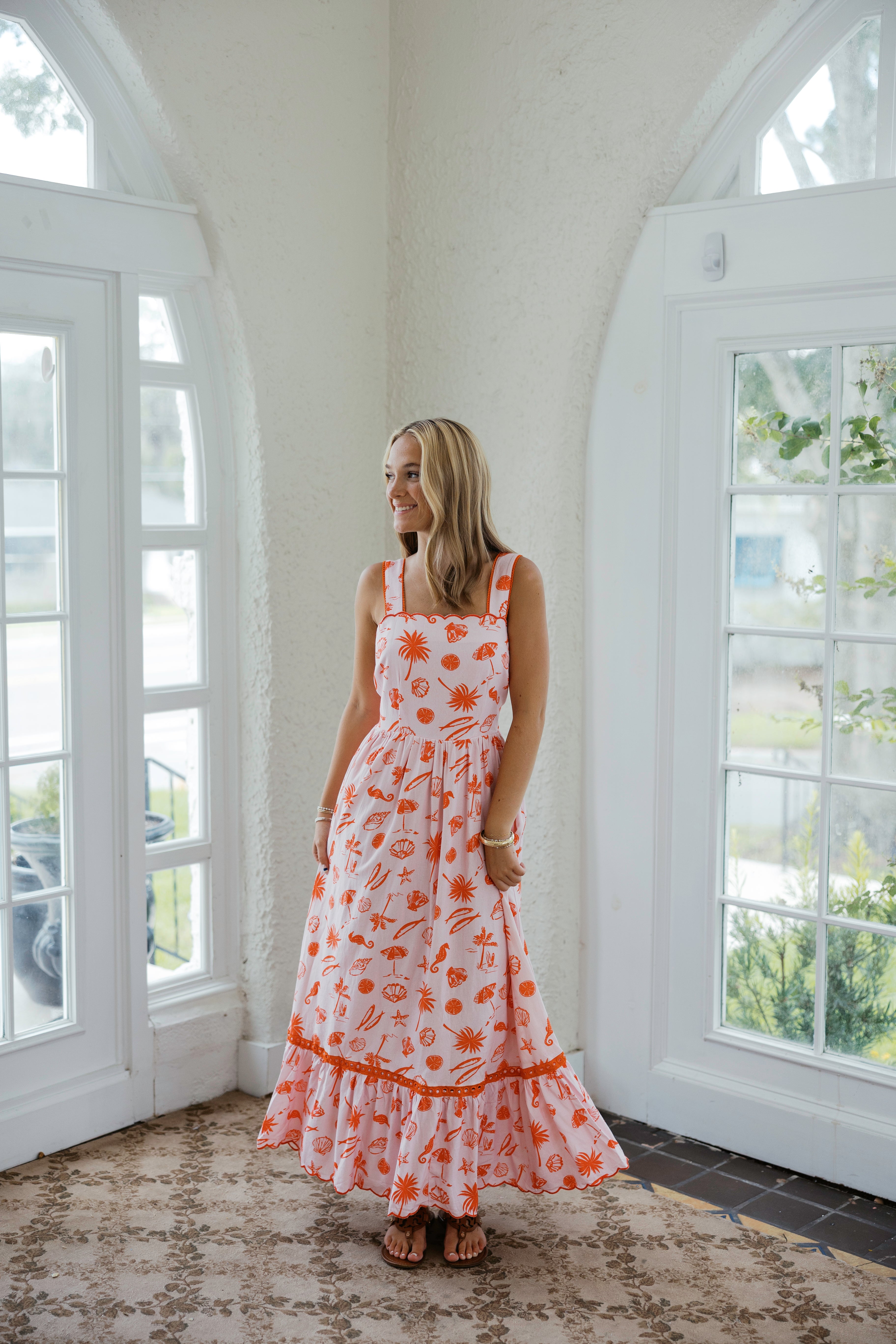 Karlie Beach Linen Maxi Dress, L / Pink and Orange