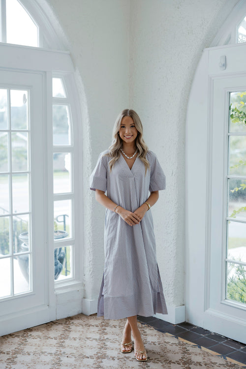 Karlie Stripe Poplin V-Neck Signature Maxi Dress