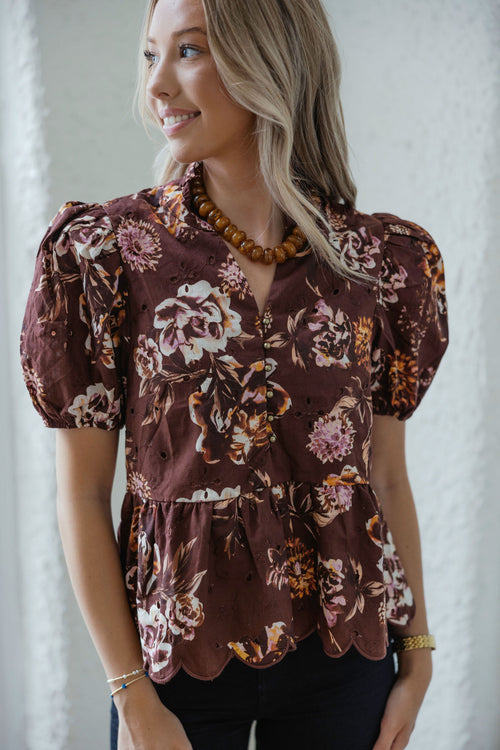 Entro Brown Eyelet Fall Floral Top
