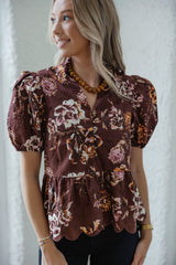 Entro Brown Eyelet Fall Floral Top
