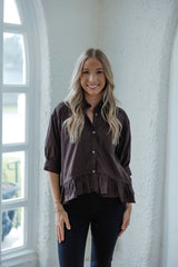Entro Brown Peplum Button Up Top