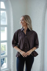 Entro Brown Peplum Button Up Top