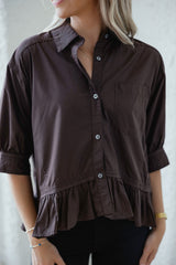 Entro Brown Peplum Button Up Top