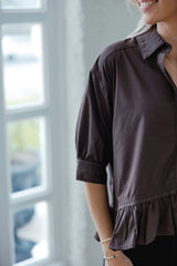 Entro Brown Peplum Button Up Top