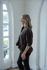 Entro Brown Peplum Button Up Top