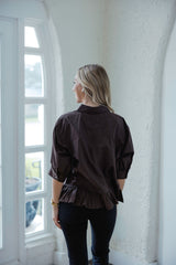 Entro Brown Peplum Button Up Top