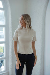 Entro Knit Scalloped Edge Top in Ecru