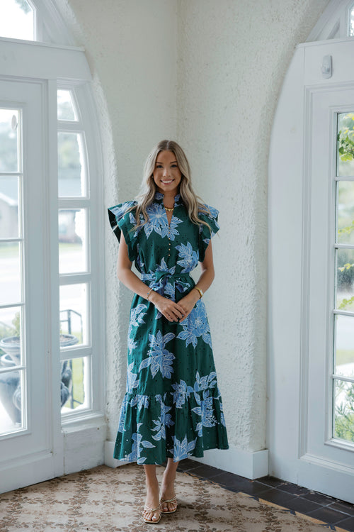 Entro Eyelet Floral Maxi in Blue & Green