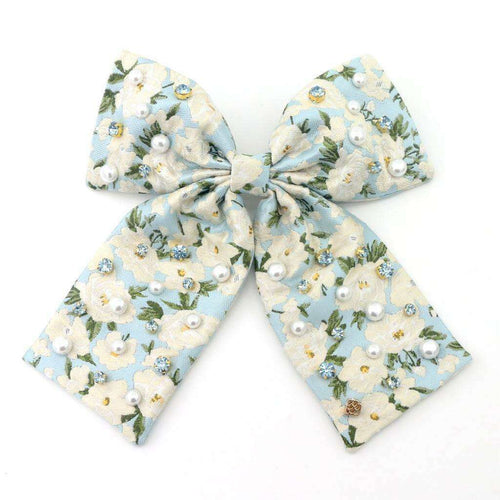 8.28 Boutique:Brianna Cannon,Brianna Cannon Light Blue & White Floral Barrette Bow with Crystals,hair bow