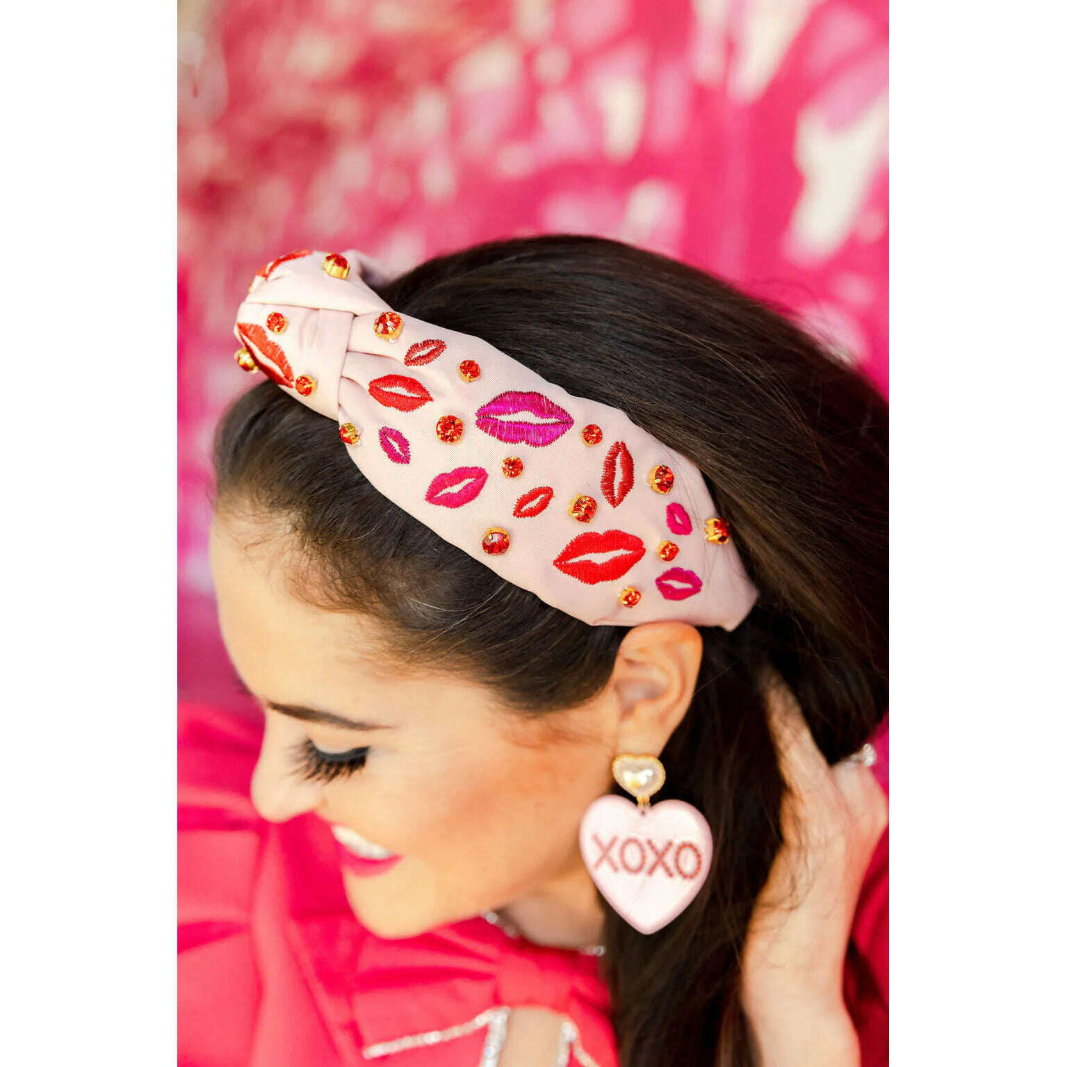8.28 Boutique:Brianna Cannon,Brianna Cannon Pink Headband with Embroidered Lips and Crystals,headband