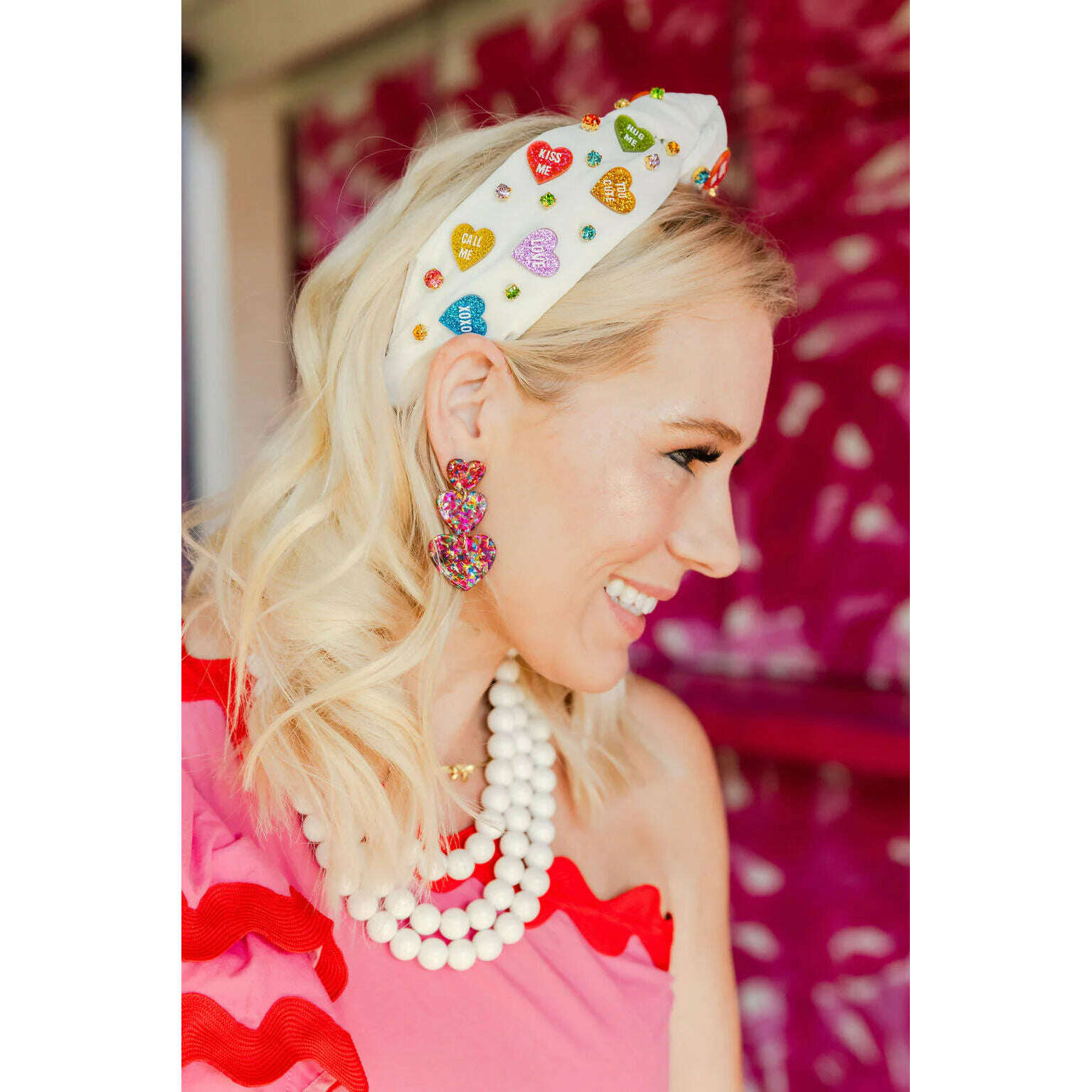 8.28 Boutique:Brianna Cannon,Brianna Cannon White Headband With Multi Color Candy Hearts,headband