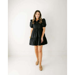 8.28 Boutique:8.28 Boutique,The Cecily Puff Sleeve Button-Up Dress in Black,Dress