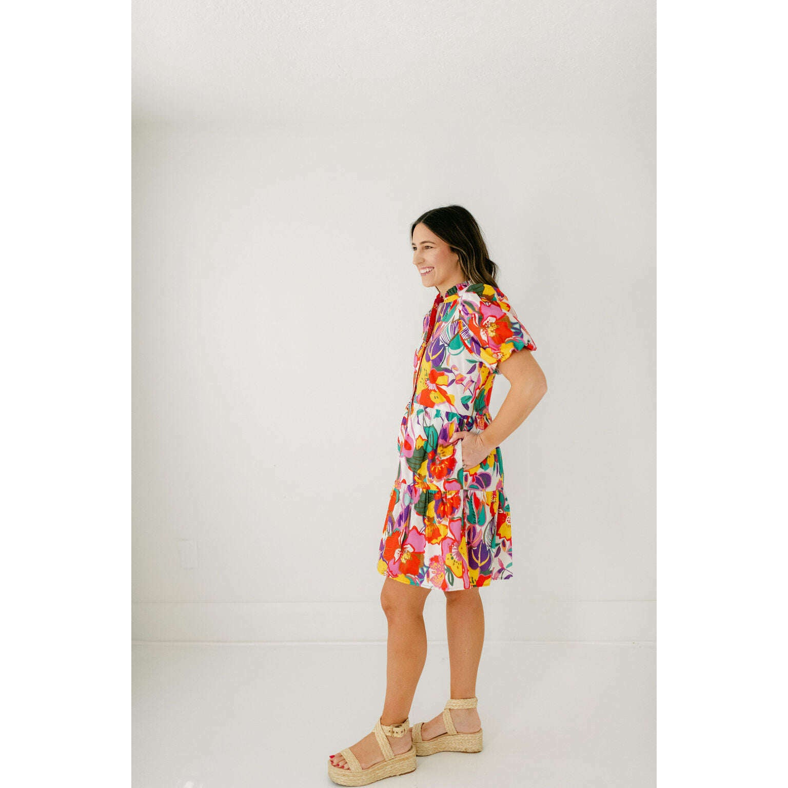 8.28 Boutique:Jade by Melody Tam,Jade by Melody Tam Puff Sleeve Button Tiered Dress in Tropical Floral,Dress
