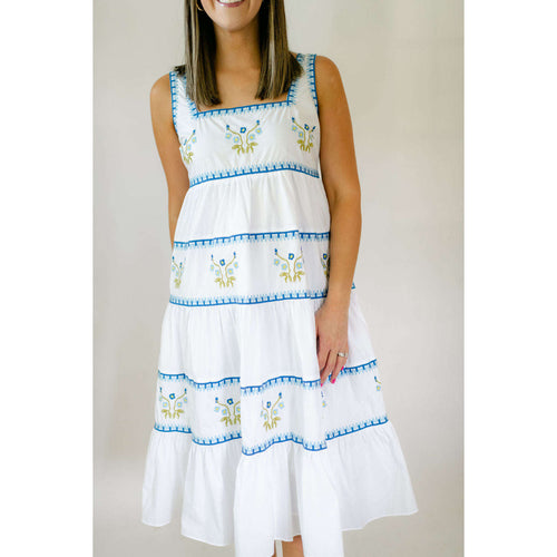 8.28 Boutique:English Factory,English Factory Ivory and Blue Embroidered Midi Dress,Dress