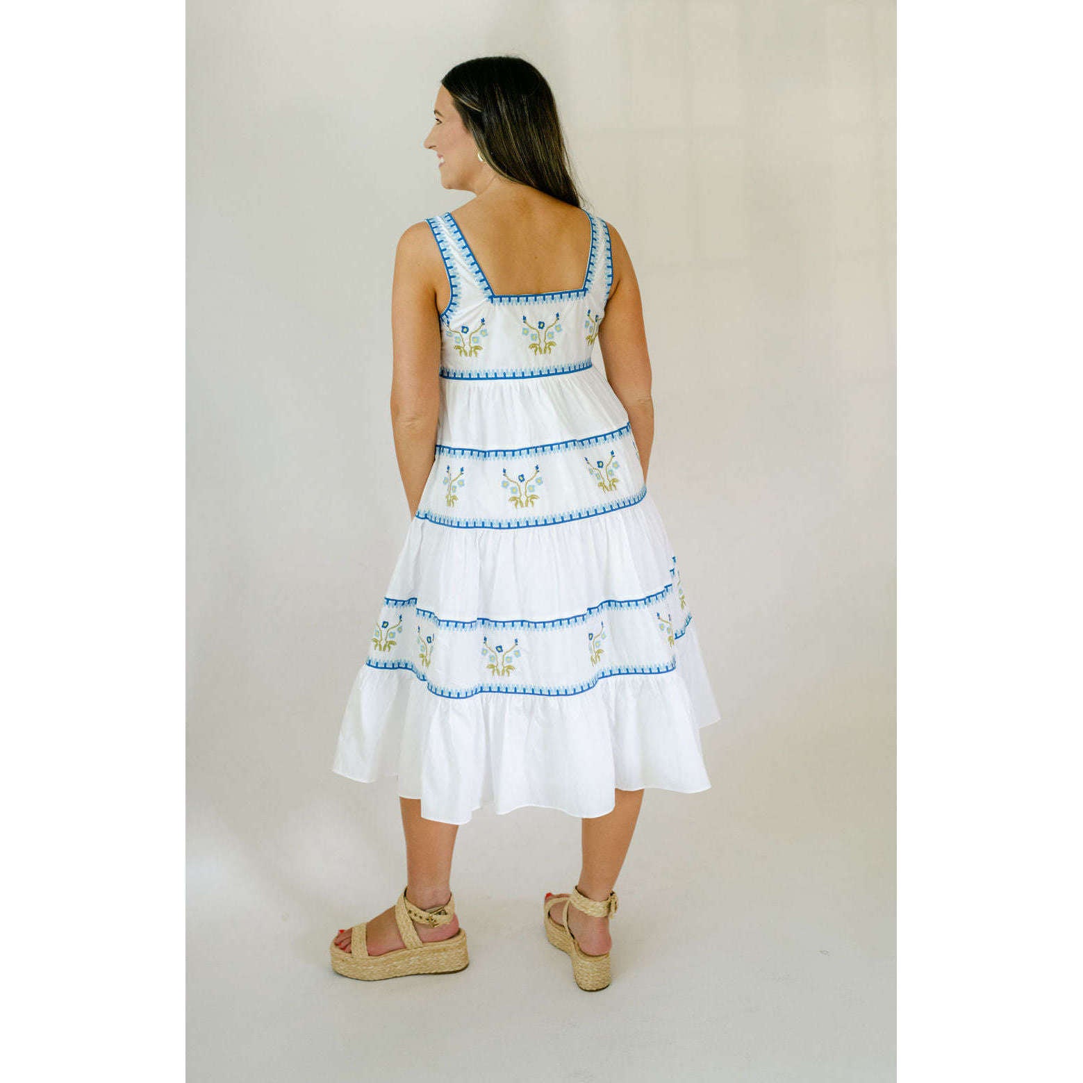 8.28 Boutique:English Factory,English Factory Ivory and Blue Embroidered Midi Dress,Dress