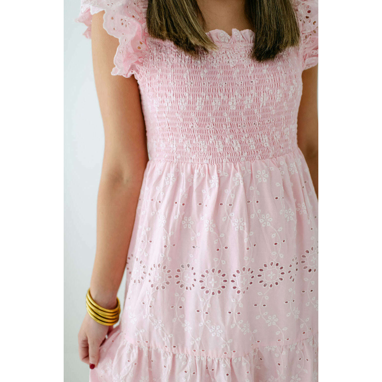 8.28 Boutique:Sail to Sable,Sail to Sable Candy Pink Eyelet Smocked Midi Dress,Dress