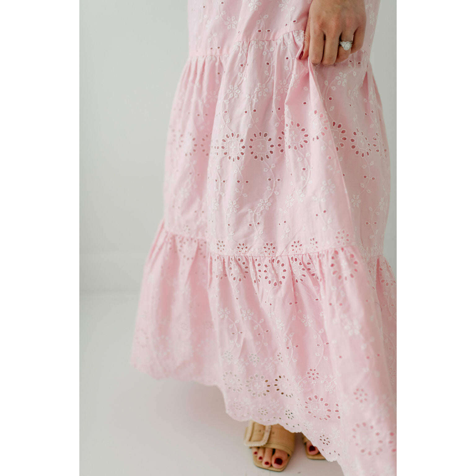 8.28 Boutique:Sail to Sable,Sail to Sable Candy Pink Eyelet Smocked Midi Dress,Dress