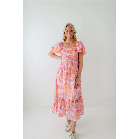 Karlie Floral Mock Tie Back Ruffle Bottom Dress in Bombshell Pink
