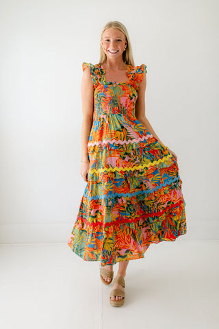 Sail to Sable Peach and Lemon Medallion Print Belted Dress